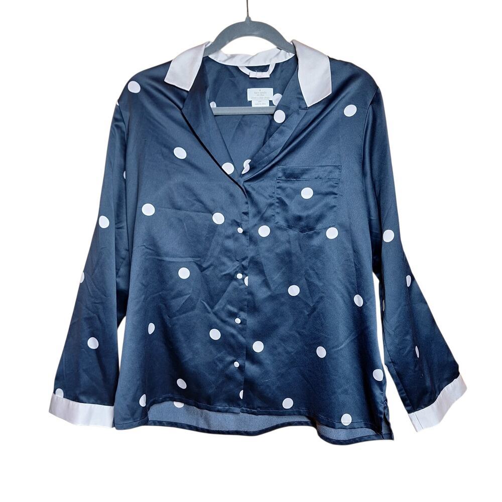 Kate Spade Satin Navy Polka-dot print pajama set 2 piece long sleeve buttondown - Picture 6 of 6